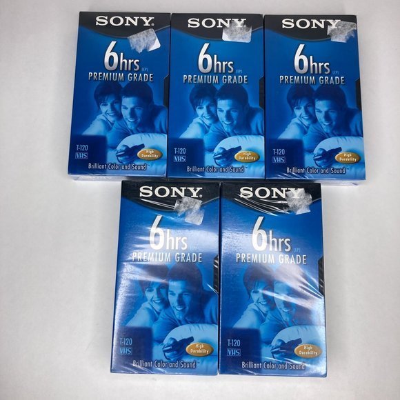 New 5-Pack Sony Premium Grade Blank VHS Video‎ Tapes 6hrs T-120 + BONUS Tape - Picture 1 of 4